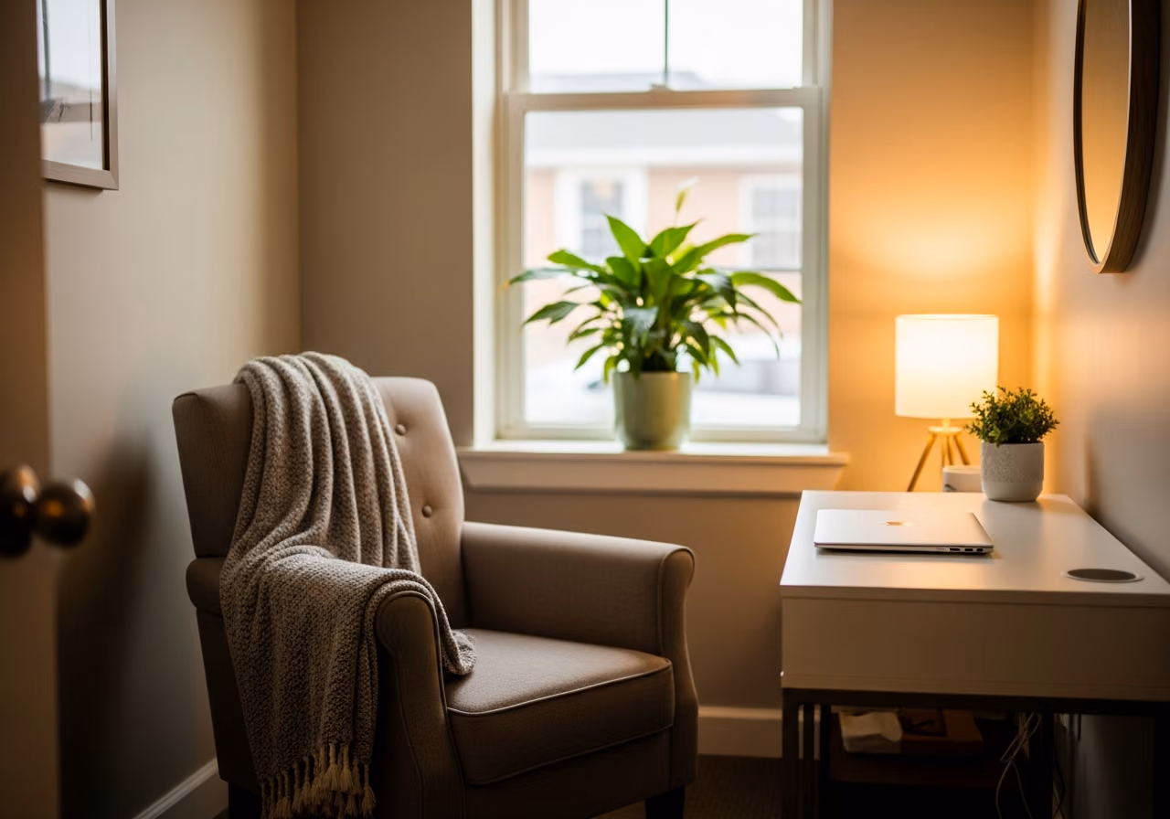 Foto de una oficina de terapia ordenada con un sillón cómodo y una manta suave, una computadora portátil cerrada sobre un escritorio pequeño, una planta junto a la ventana y una lámpara cálida.