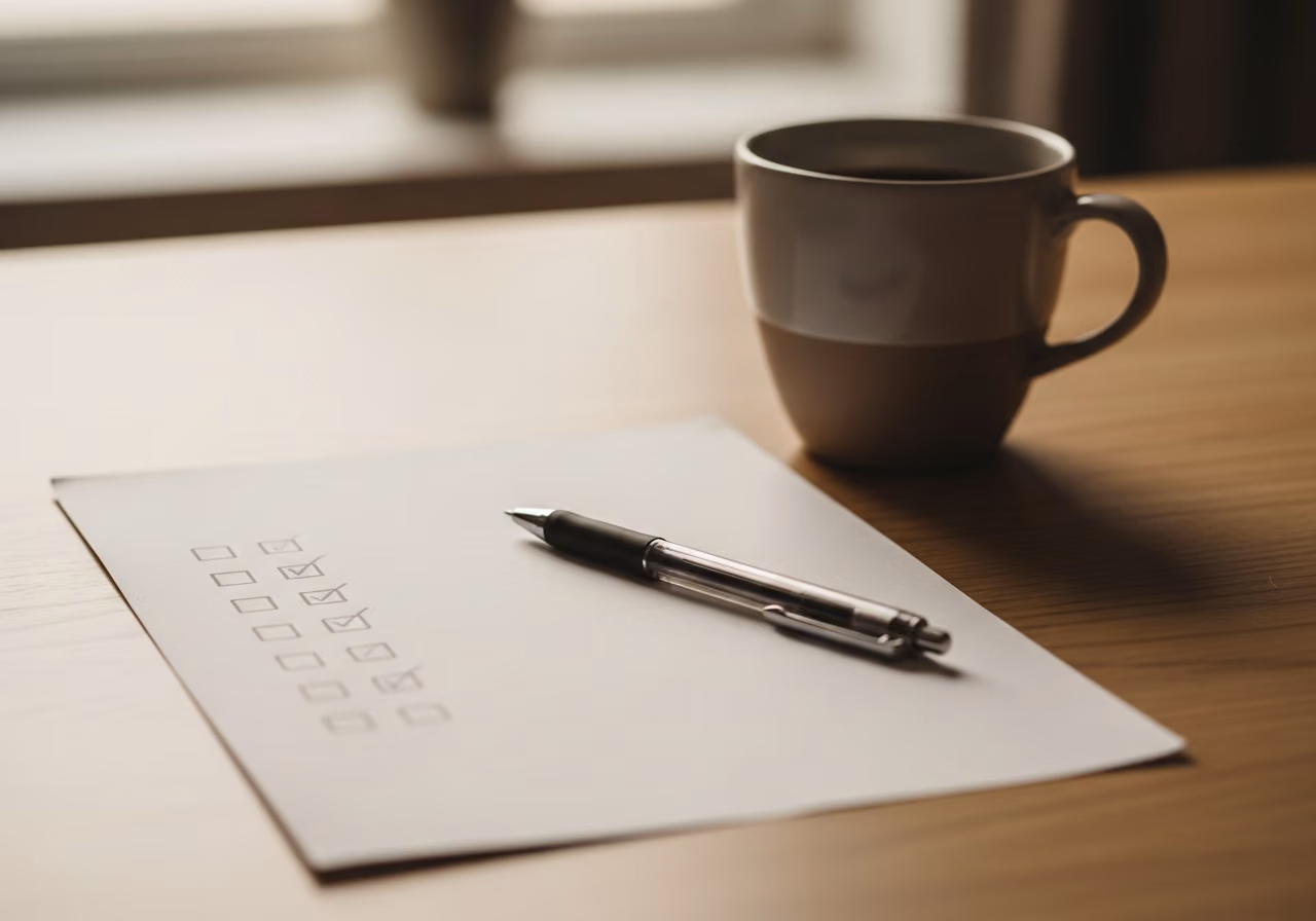 Fotografía de un escritorio con una lista de tareas impresa, un bolígrafo y una taza de café, luz natural suave, sin texto legible en el papel, paleta de colores neutros cálidos, estilo documental espontáneo.
