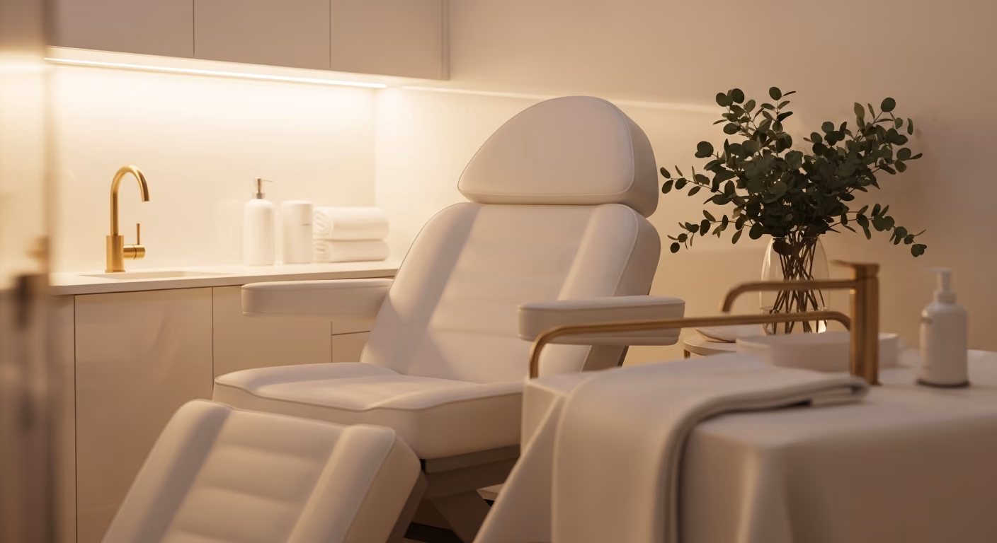 Sala de tratamientos de spa médico moderna con sábanas blancas, accesorios de oro cepillado, detalles de eucalipto, iluminación cálida y suave, y sillón de tratamiento con enfoque suave.
