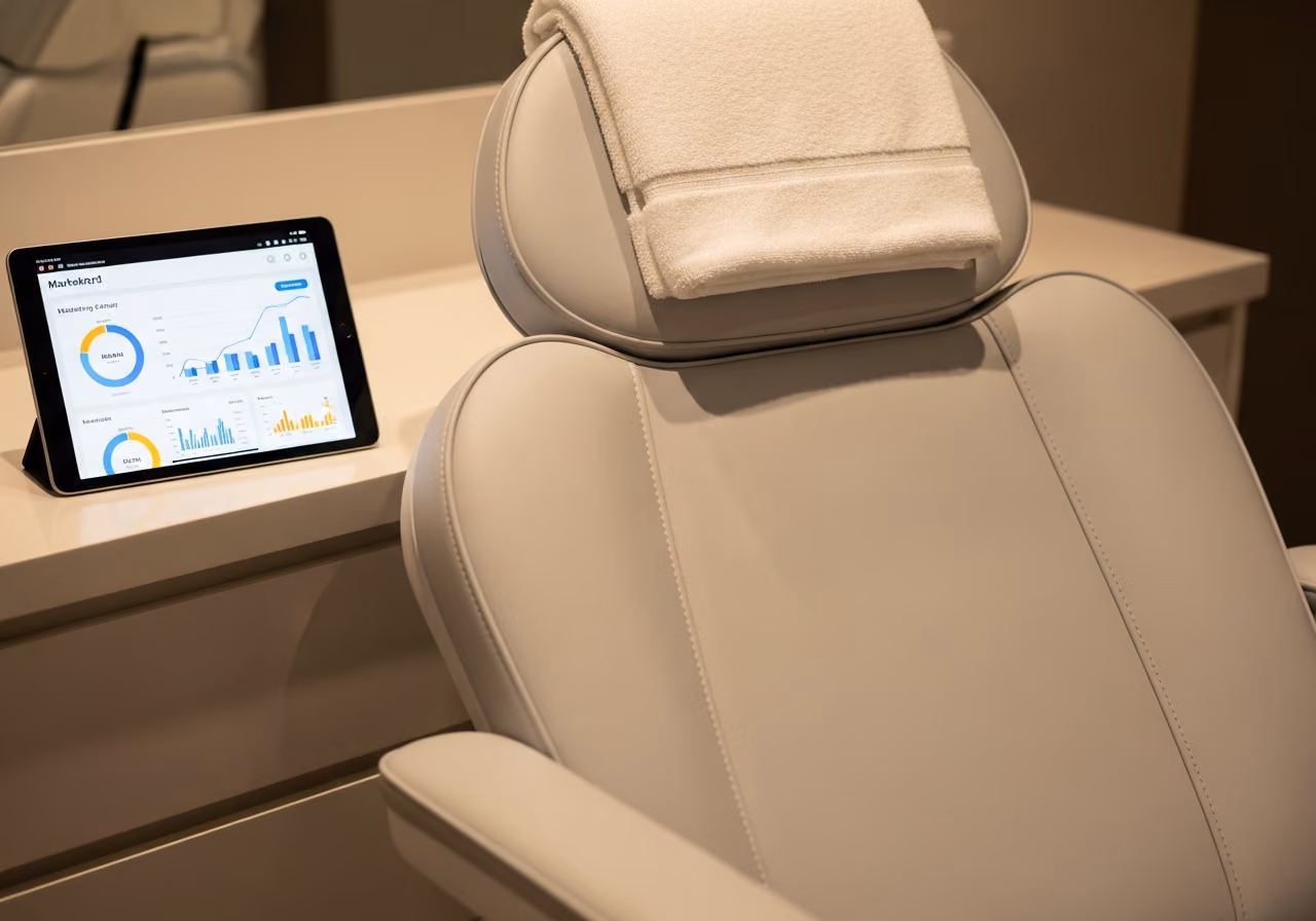 Primer plano de una silla de tratamiento de spa médico limpia con una toalla blanca doblada y una tableta en el mostrador lateral que muestra un panel de marketing, con una luz cálida y suave.