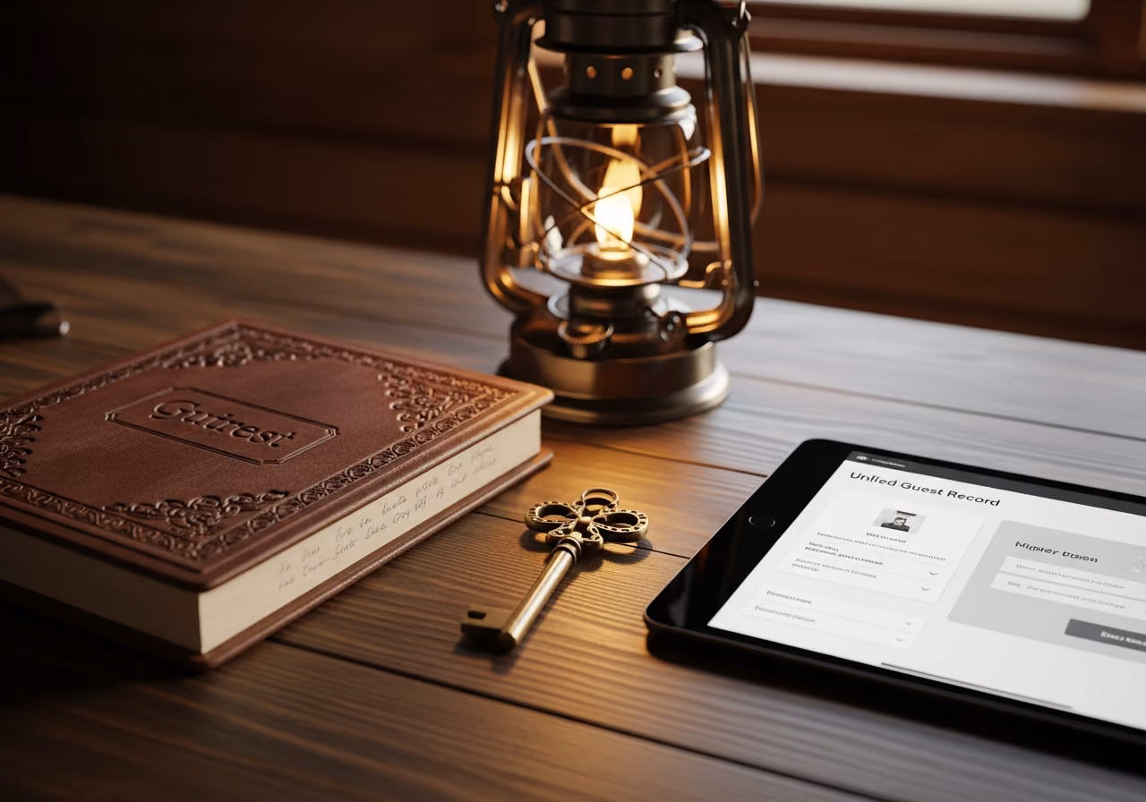 Primer plano del escritorio de una cabaña de madera con un libro de visitas encuadernado en cuero, una llave de latón y una tableta que muestra un único registro unificado de huéspedes, todo ello iluminado con una suave luz ámbar.
