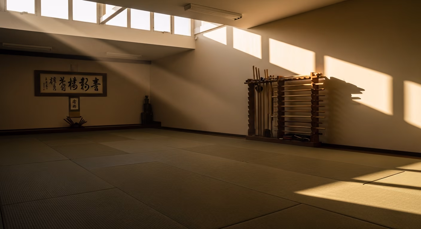 Dojo de karate tradicional con tatamis, estante de madera para armas, pergamino colgado en la pared del fondo, luz del atardecer que entra por las ventanas altas.