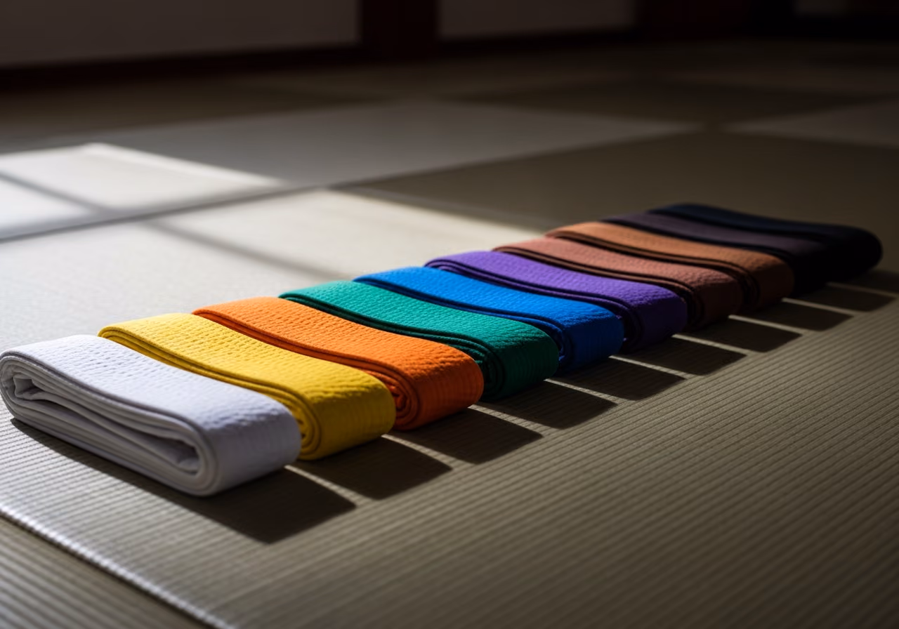 Nahaufnahme von gefalteten Karate-Gi-Gürteln in einer Reihe von weiß nach schwarz auf einer Tatami-Matte, sanftes Seitenlicht vom Oberlichtfenster.