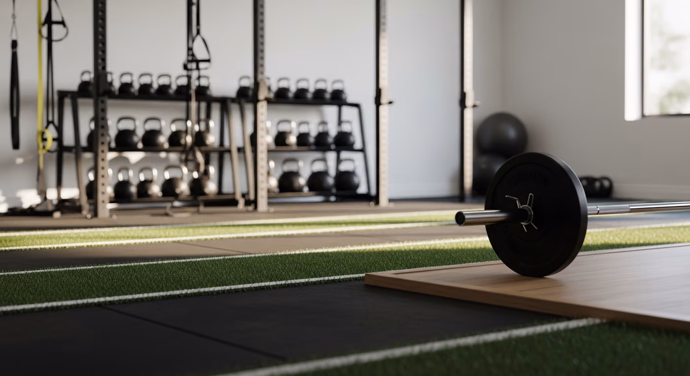 Estudio de entrenamiento personal minimalista con franjas de césped artificial de goma, pesas rusas apiladas, una barra sobre una plataforma y luz ambiental de la tarde.
