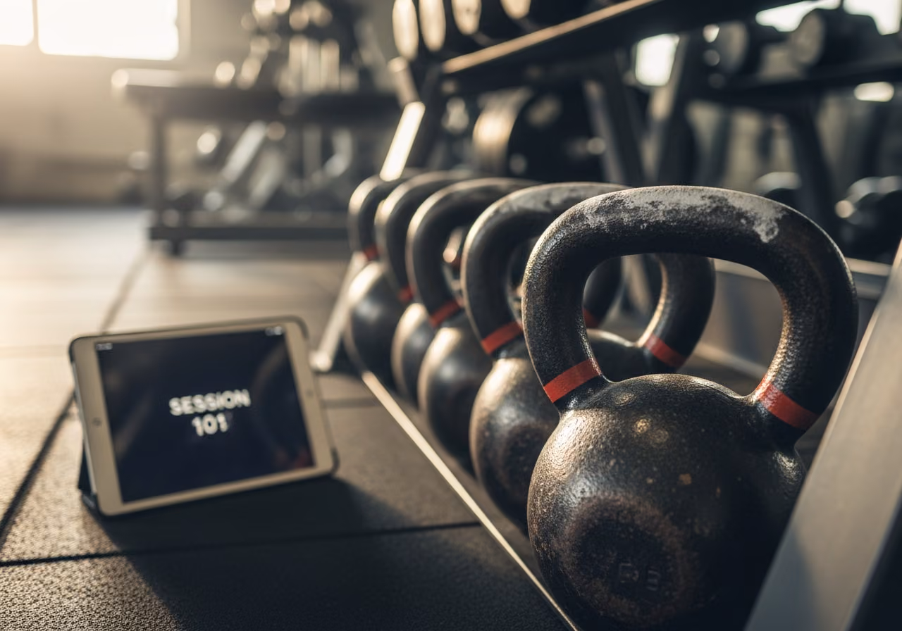 Primer plano de un soporte para pesas rusas con las asas cubiertas de tiza, una tableta en el suelo que muestra el número de sesiones y la suave luz de la tarde en el gimnasio.
