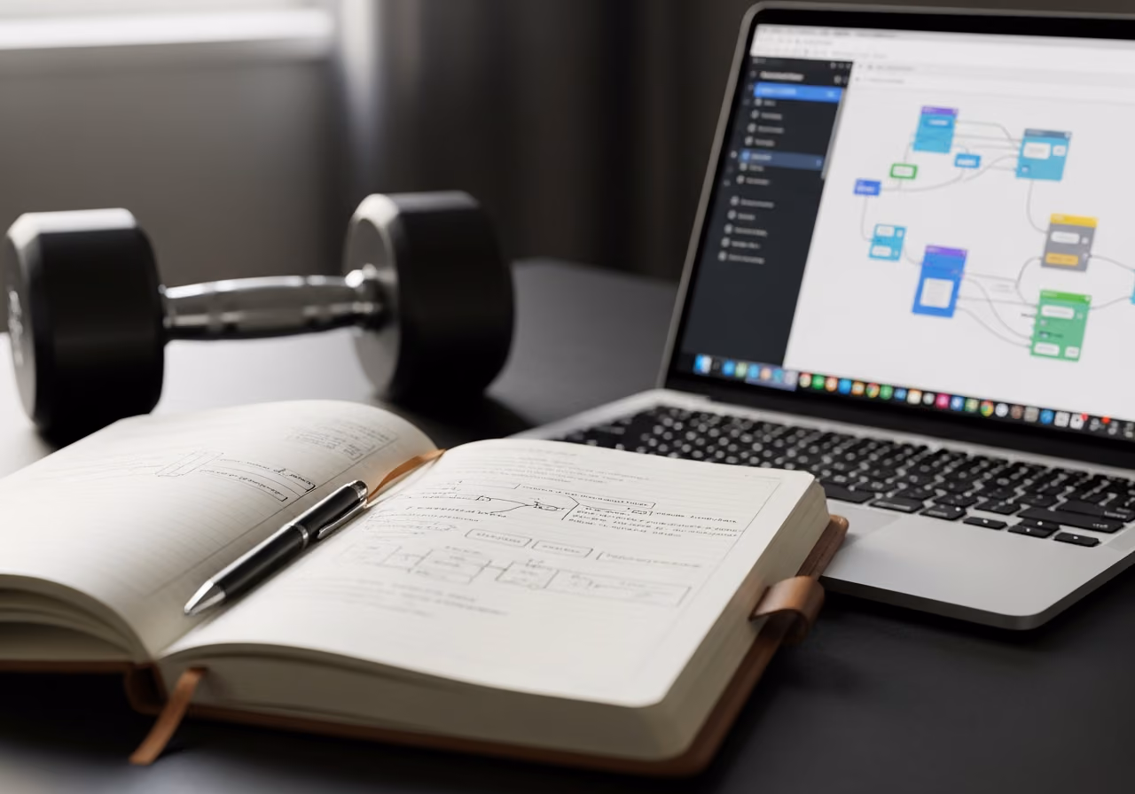 Primer plano del cuaderno de apuntes de un entrenador personal abierto junto a un ordenador portátil que muestra un editor de automatización, una mancuerna de goma desenfocada y luz tenue de ventana.
