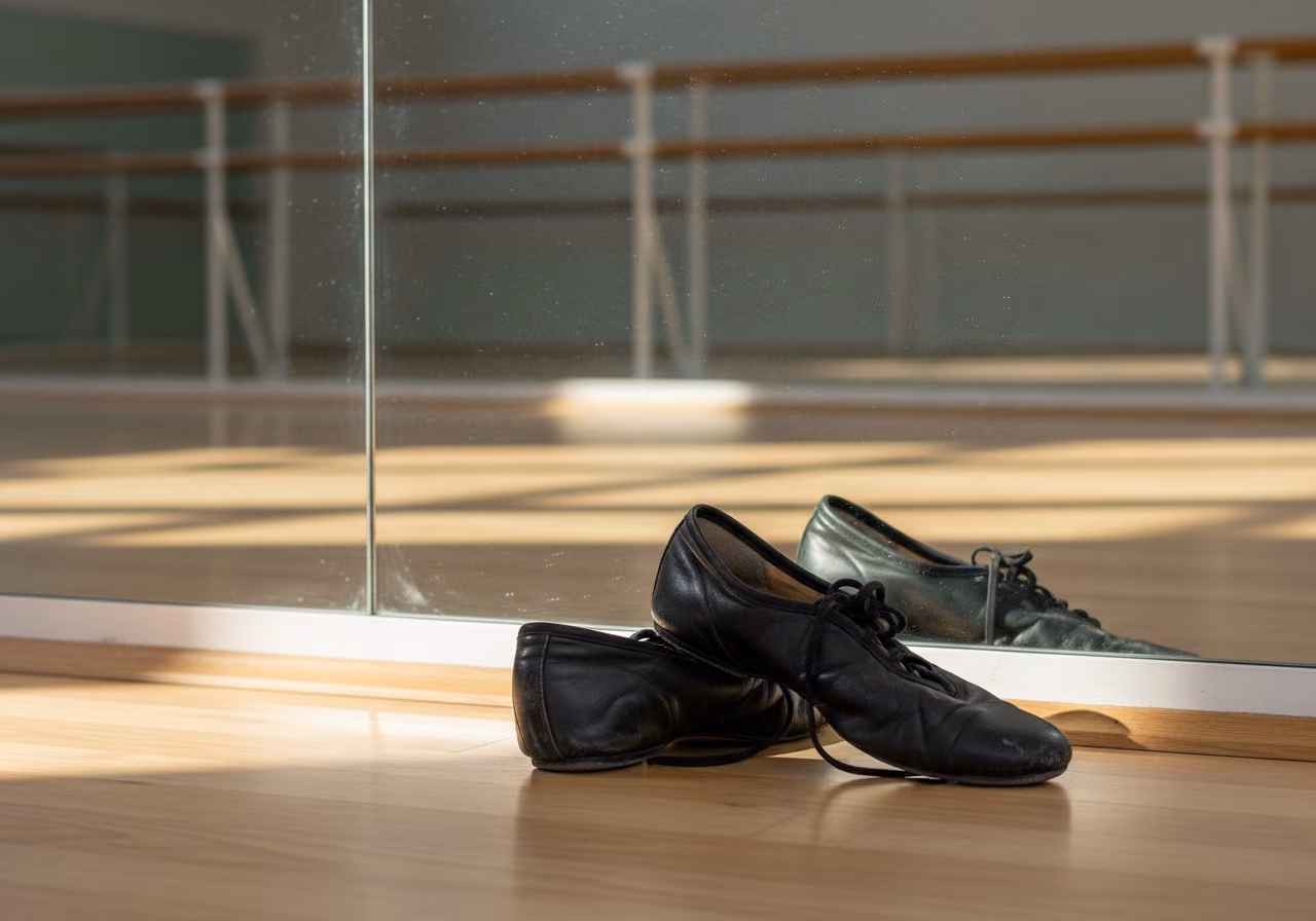 Nahaufnahme eines Spiegels in einem Tanzstudio, in dem sich Ballettstangen und ein einzelnes Paar Jazzschuhe auf dem Boden spiegeln, sanftes Nachmittagslicht.