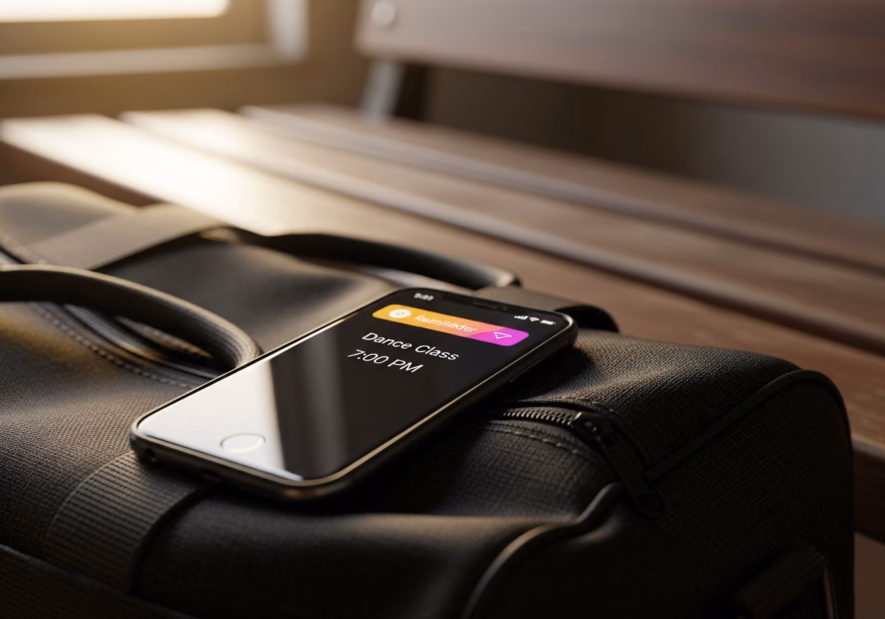 Nahaufnahme eines Smartphones mit Kalendererinnerung für einen Tanzkurs, auf einer Reisetasche neben einer Holzbank, warmes Fensterlicht.