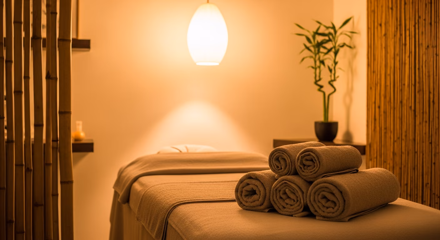 Sala de tratamientos de spa con detalles de bambú, ropa de cama en tonos neutros, toallas enrolladas apiladas y una cálida lámpara colgante.