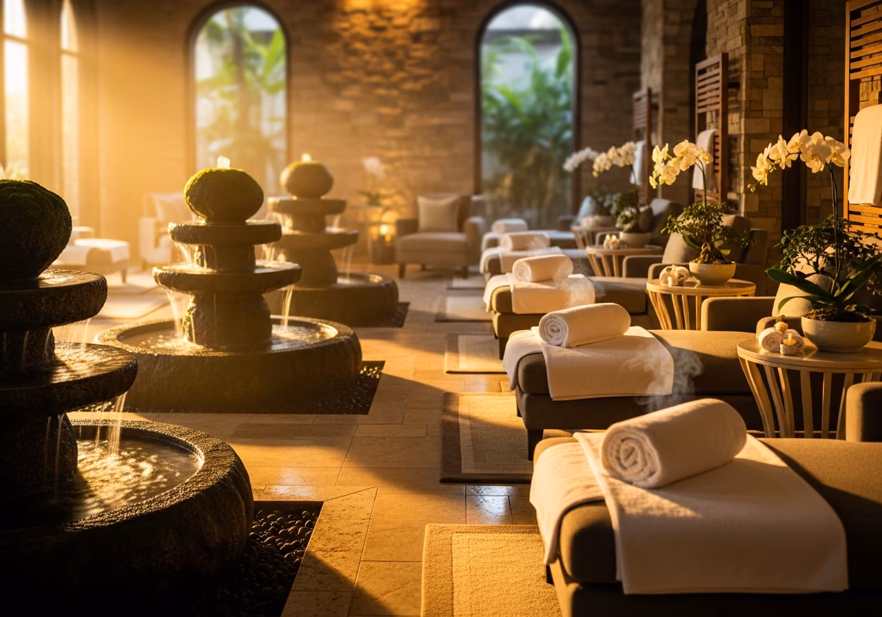 Fotografía de una zona de relajación de un spa con fuentes de piedra y toallas calientes, luz dorada suave, estilo editorial.