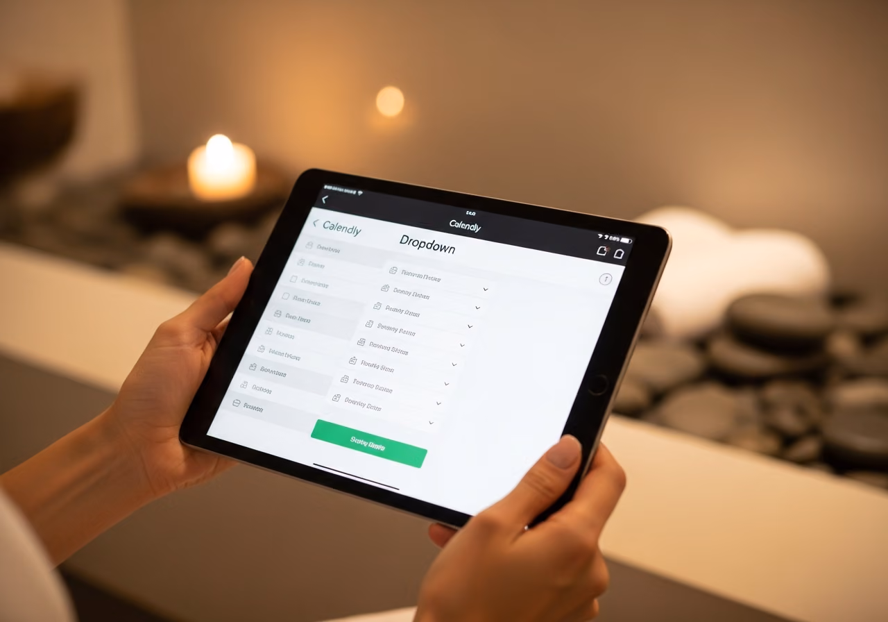 Fotografía de un menú desplegable de Calendly en una tableta que muestra opciones de servicio, manos sosteniendo la tableta, fondo suave de spa, sin logotipos.