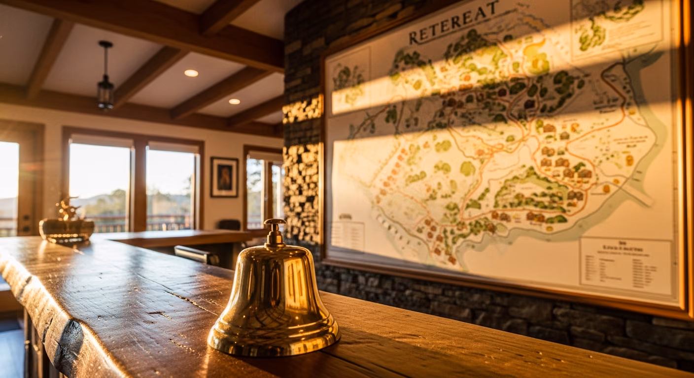 Recepción de la propiedad con vigas de madera, mapa de las propiedades en la pared, campana de latón en el mostrador y cálida luz de la tarde.