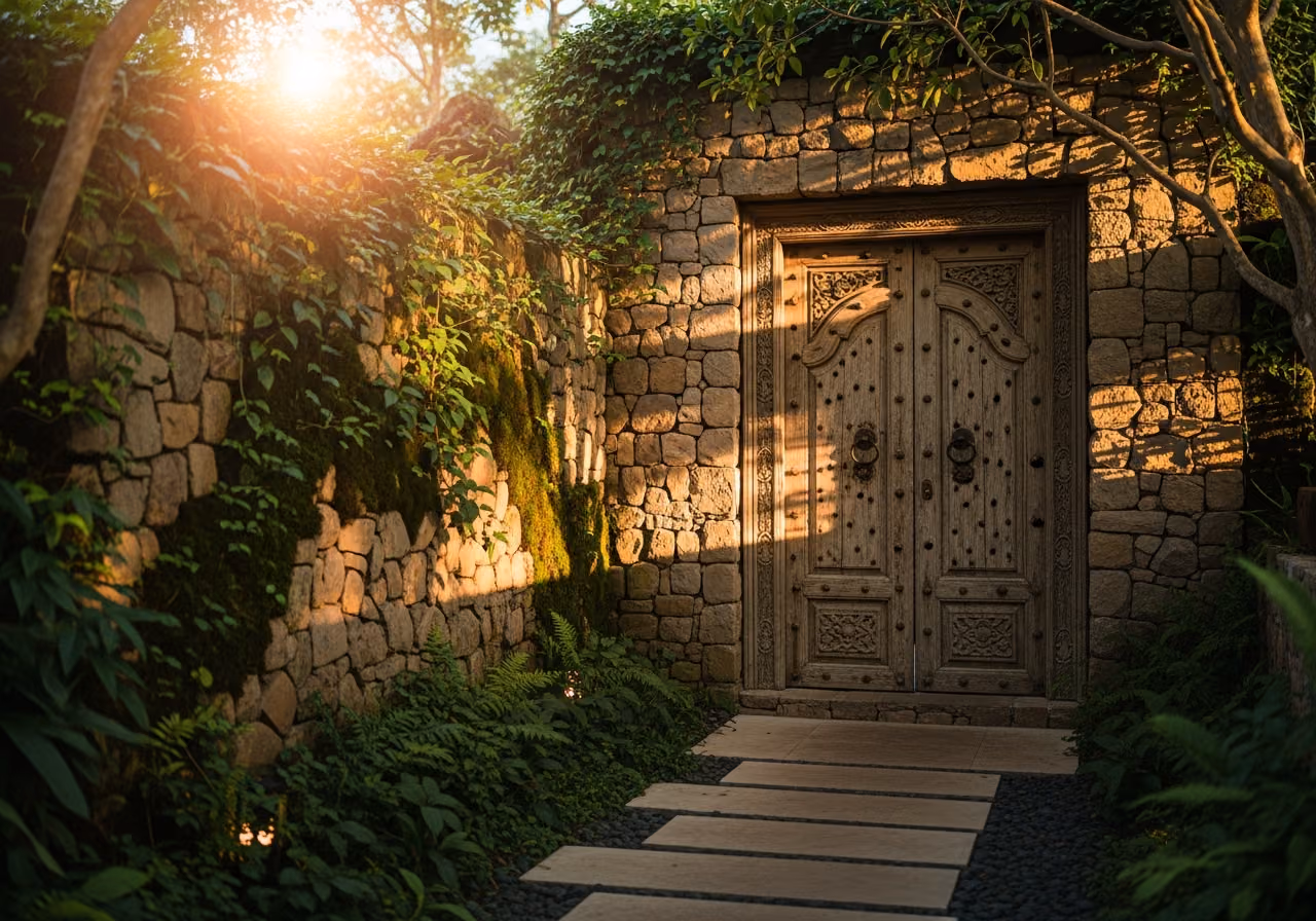 Fotografía de la entrada de un balneario con paredes de piedra y puerta de madera, con la suave luz del atardecer, estilo editorial.