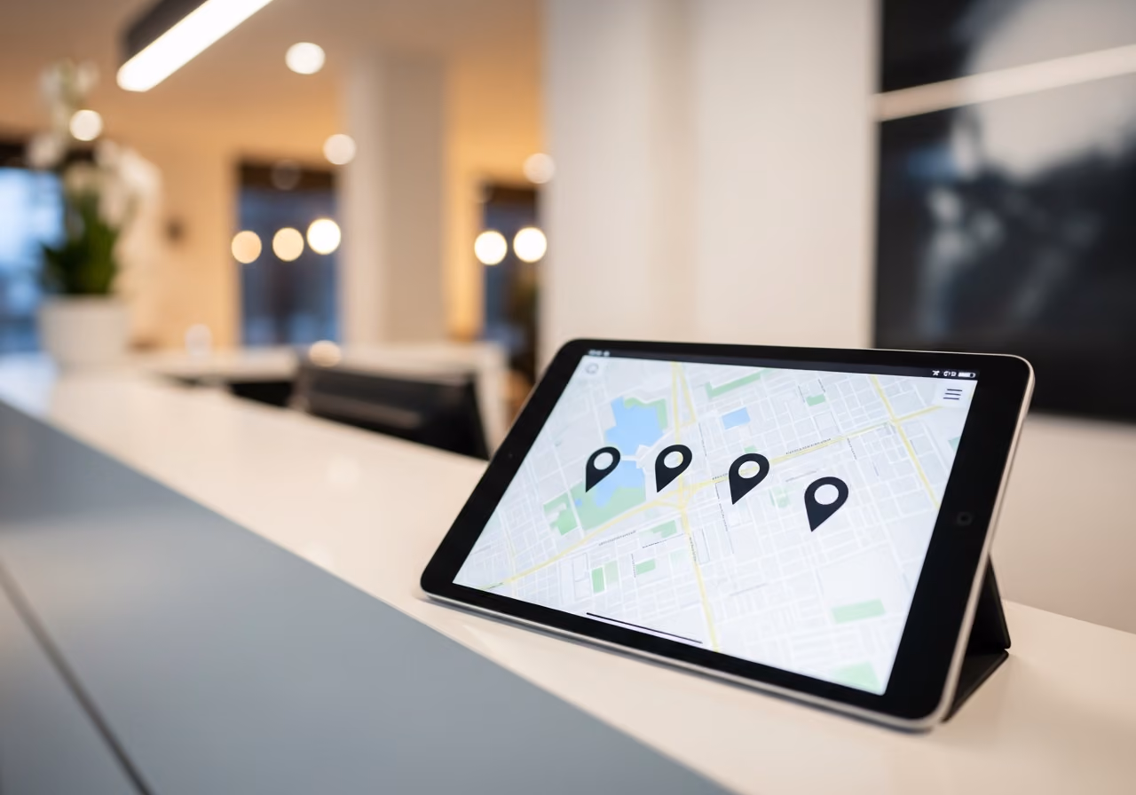 Fotografía de una tableta sobre un mostrador de recepción que muestra un mapa con cuatro marcadores, fondo interior moderno y suave, sin logotipos.