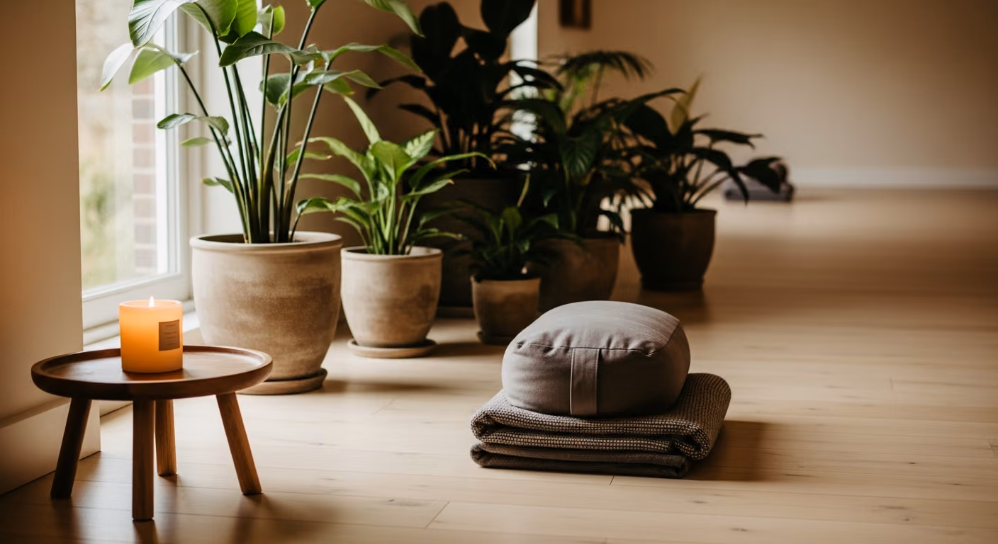Estudio de yoga boutique con cojín individual y manta, vela en la mesita auxiliar, plantas en macetas de barro sin tratar y luz tenue de la ventana.