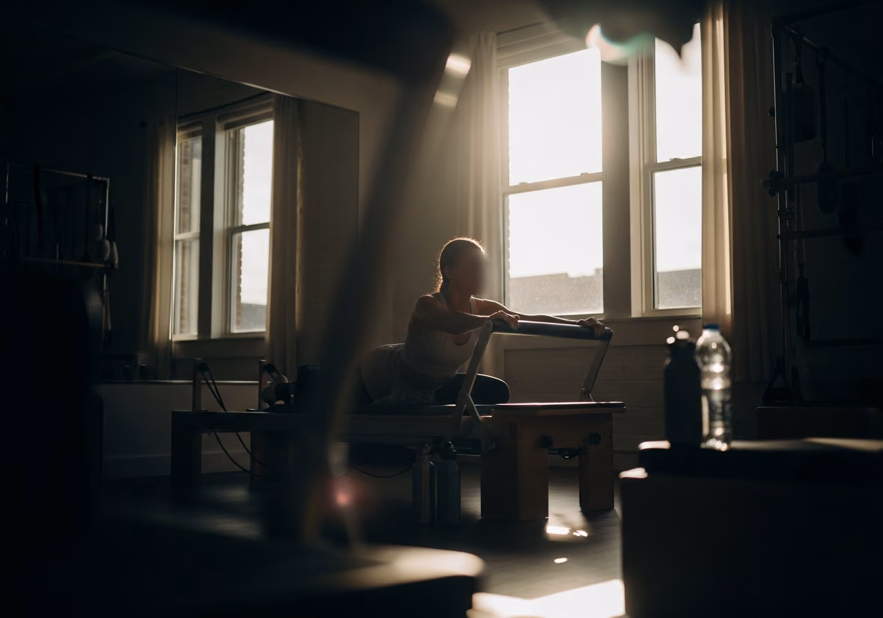 Fotografie einer privaten Pilates-Stunde in einem sonnendurchfluteten Studio mit Reformer und Wasserflaschen, keine Gesichter, redaktioneller Stil.