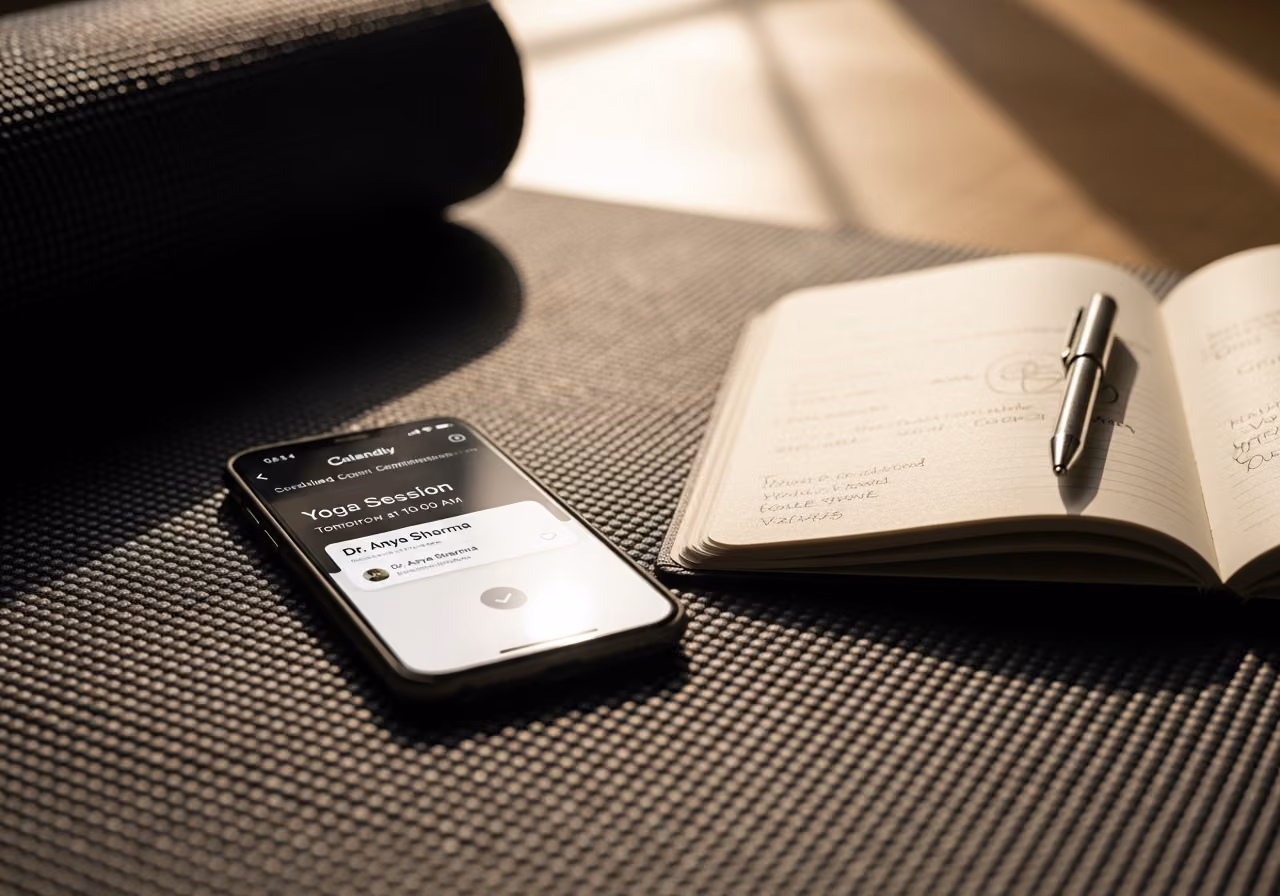 Foto eines Smartphones mit einer Calendly-Bestätigung, auf einer Yogamatte mit einem Notizbuch, warmes natürliches Licht, keine Logos.