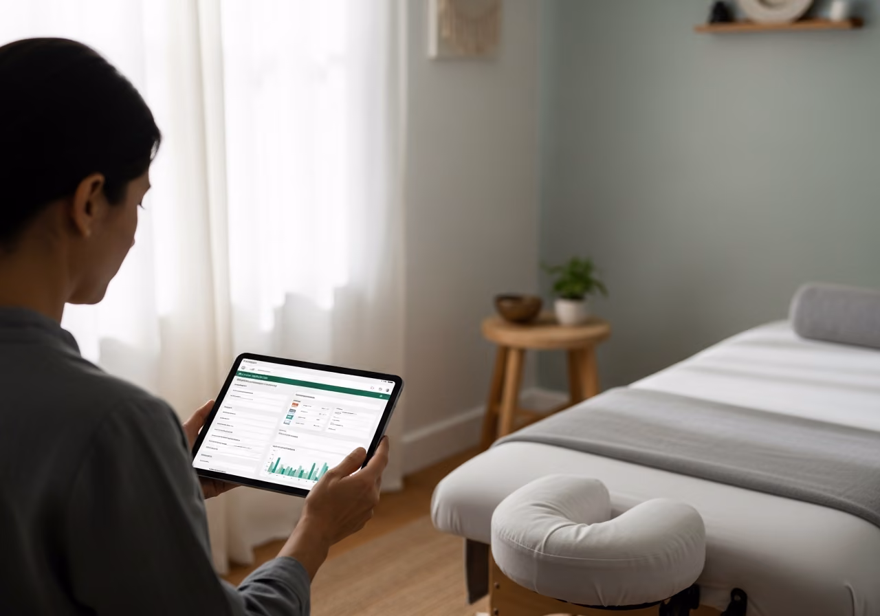 Foto eines Akupunkteurs, der in einem ruhigen Behandlungsraum bei sanftem Tageslicht ein Tablet mit strukturierten Patientendaten überprüft; keine Gesichter zu sehen.