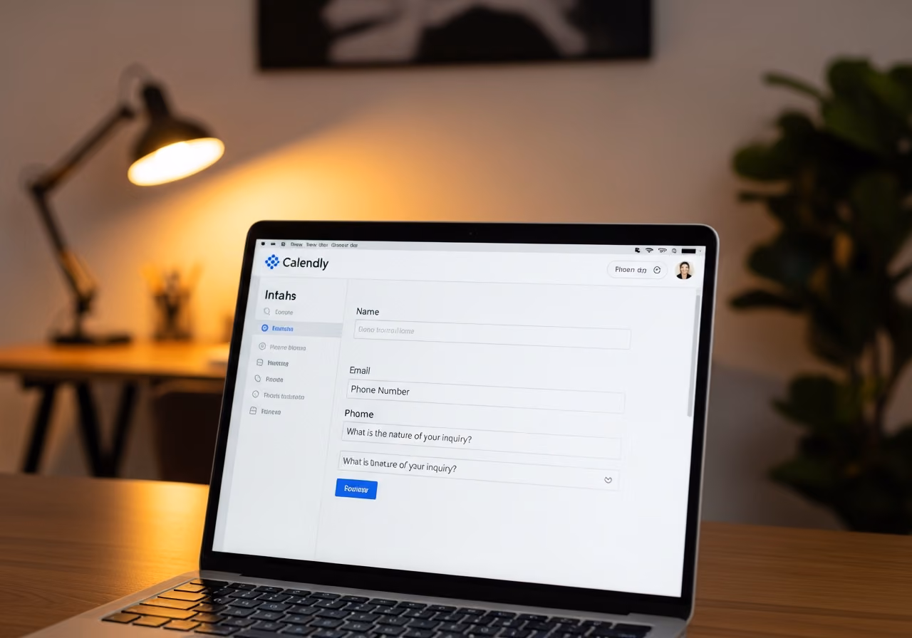 Foto eines Calendly-Buchungsformulars auf einem Laptop-Bildschirm, das Eingabefragefelder, verschwommenen Homeoffice-Hintergrund, warme Farbtöne und keine Logos zeigt.