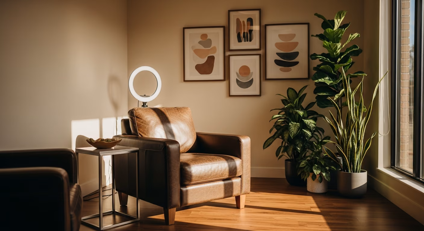 Sala de consulta de un centro de medicina estética con sillón de cuero, cuadros enmarcados, luz ambiental suave, plantas en una esquina y luz cálida de la tarde.