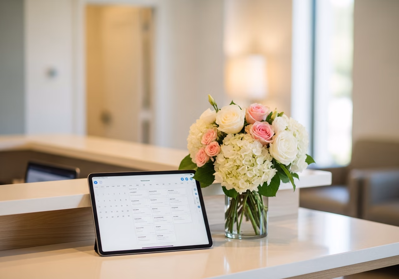 Fotografía de la recepción de un centro de estética médica con una tableta que muestra un calendario y flores frescas, luz natural suave, sin rostros, estilo editorial.