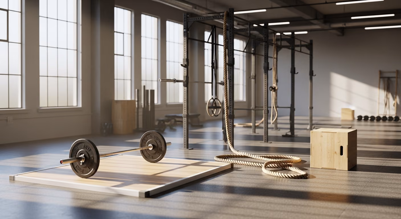 Estudio de entrenamiento personal minimalista con plataforma para una sola barra, barras con agarre de cuerda, cajón pliométrico y luz tenue de la tarde que entra por ventanas esmeriladas.
