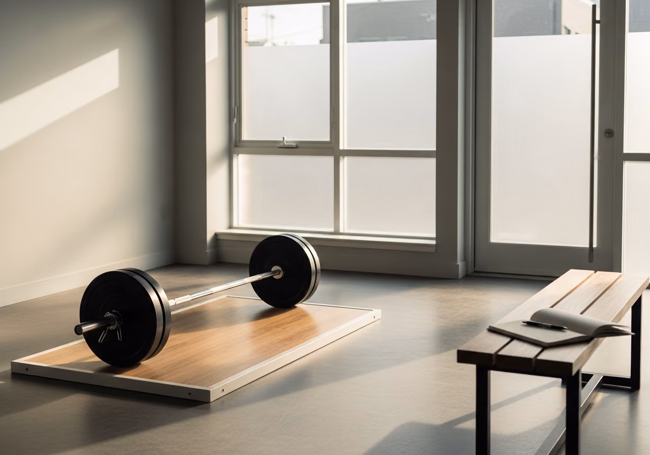 Minimalistisches Personal-Training-Studio mit einer einzigen Langhantelplattform und einem Notizbuch auf einer Holzbank, spätes Nachmittagslicht durch Milchglasfenster.
