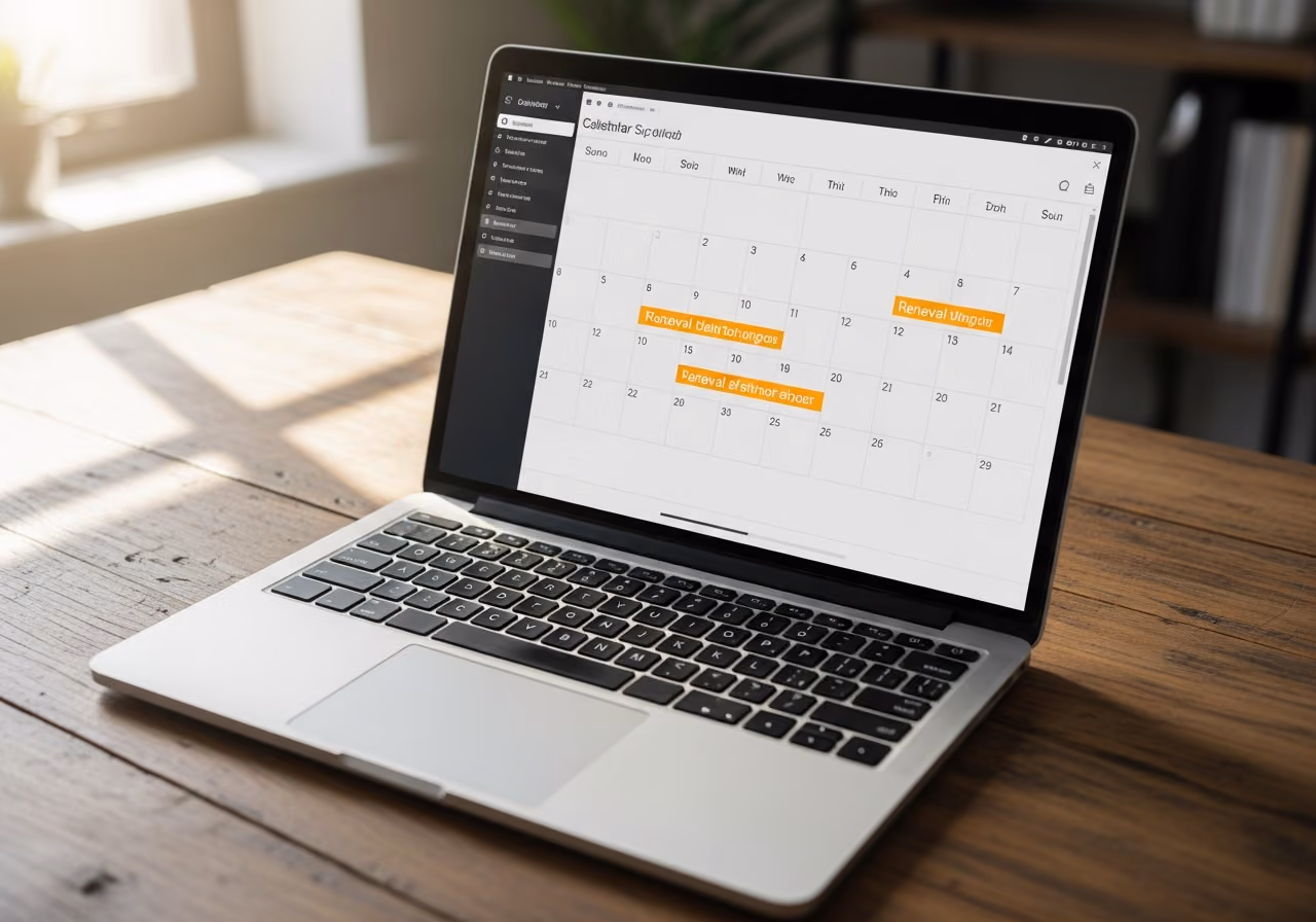 Auf einem hölzernen Schreibtisch steht ein geöffneter Laptop, auf dem ein Kalender mit hervorgehobenen Verlängerungsterminen zu sehen ist; sanftes Fensterlicht.