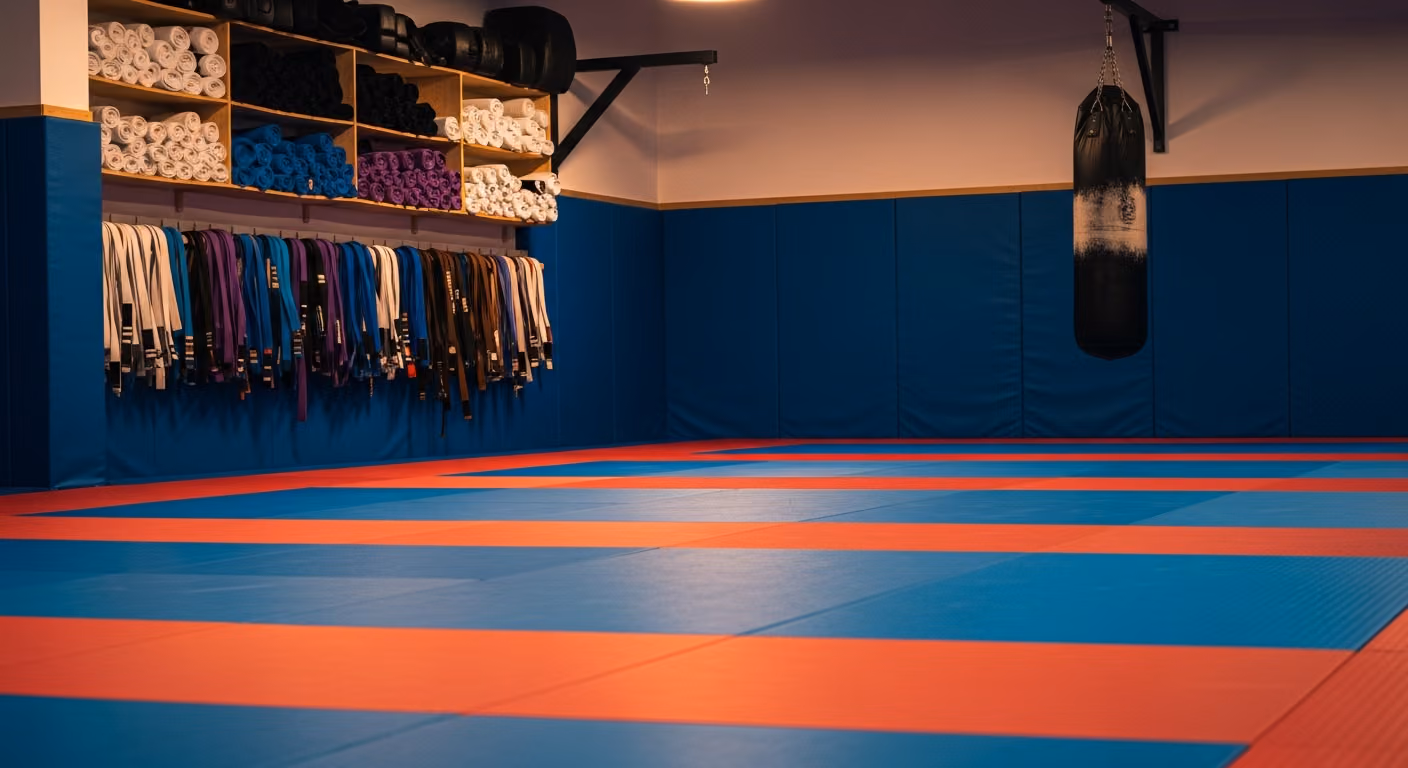 Academia de BJJ con colchonetas de pared a pared, cinturones de gi enrollados en estantes, saco pesado colgado en una esquina y luz cálida en el techo.