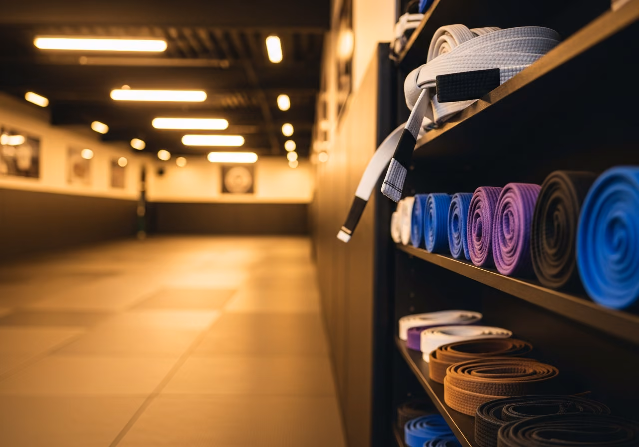Academia de BJJ con colchonetas de pared a pared y cinturones de gi enrollados en un estante, con una cálida luz cenital.