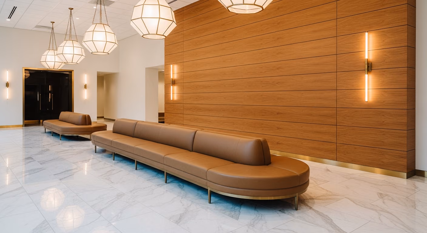 Vestíbulo de spa moderno con asientos curvos de cuero, paredes de madera cálida, detalles en latón, suelos de mármol e iluminación ambiental colgante.