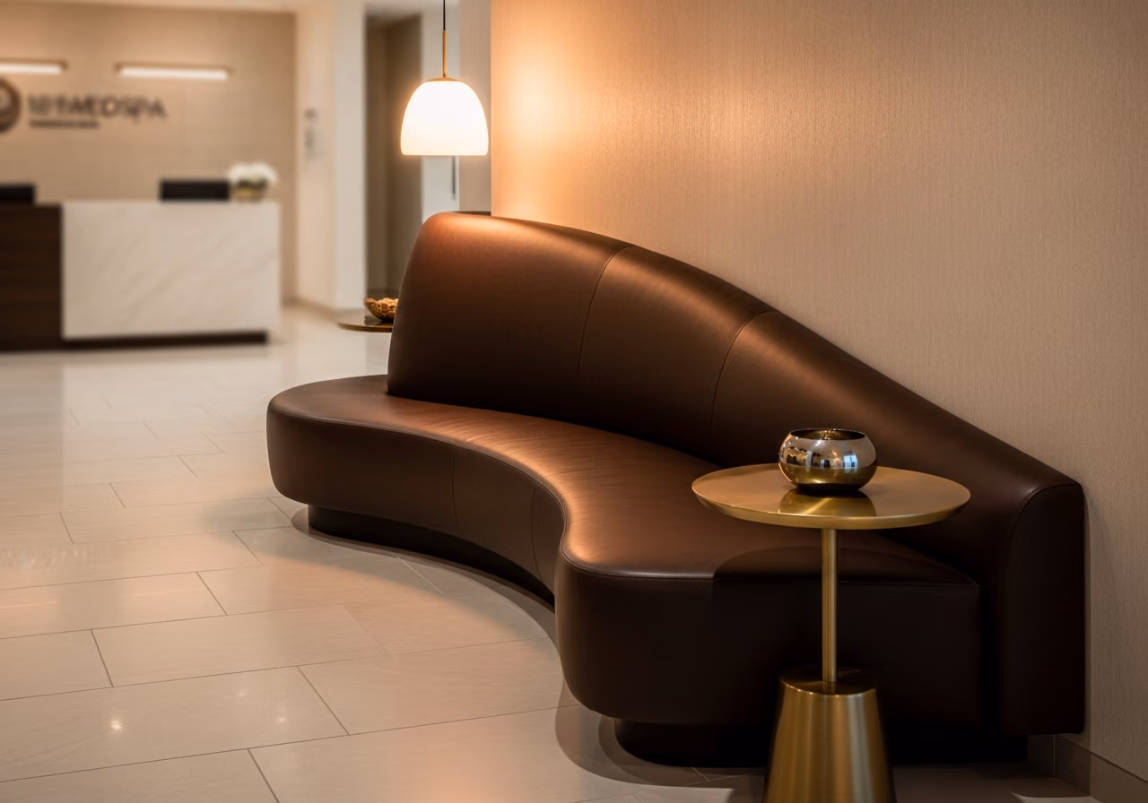 Moderne Medspa-Lobby mit geschwungenen Ledersitzen und einem kleinen Beistelltisch aus Messing, sanftes, warmes Pendellicht.
