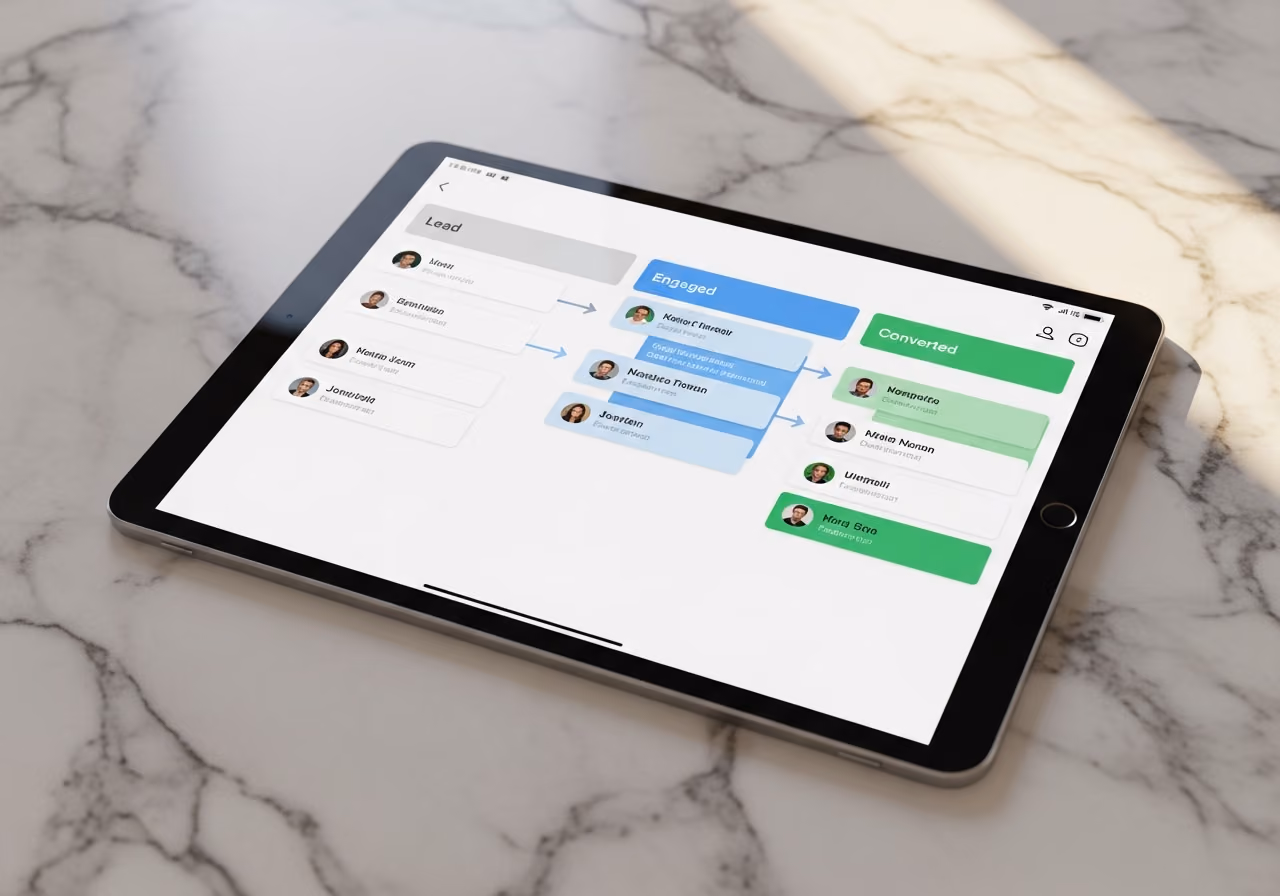 Tablet mit einfacher Pipeline-Ansicht, Phasen und Kontaktkarten, Arbeitsplatte aus gebürstetem Marmor, sanftes, warmes Licht.