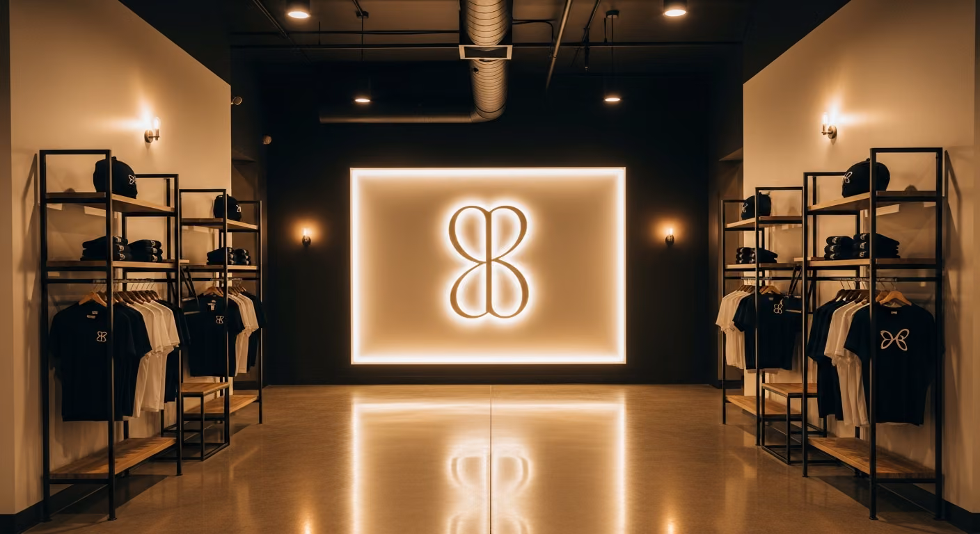 Vestíbulo de gimnasio boutique moderno con pared con logotipo retroiluminada, hormigón pulido, filas de exhibición de ropa de marca y luz ambiental cálida.