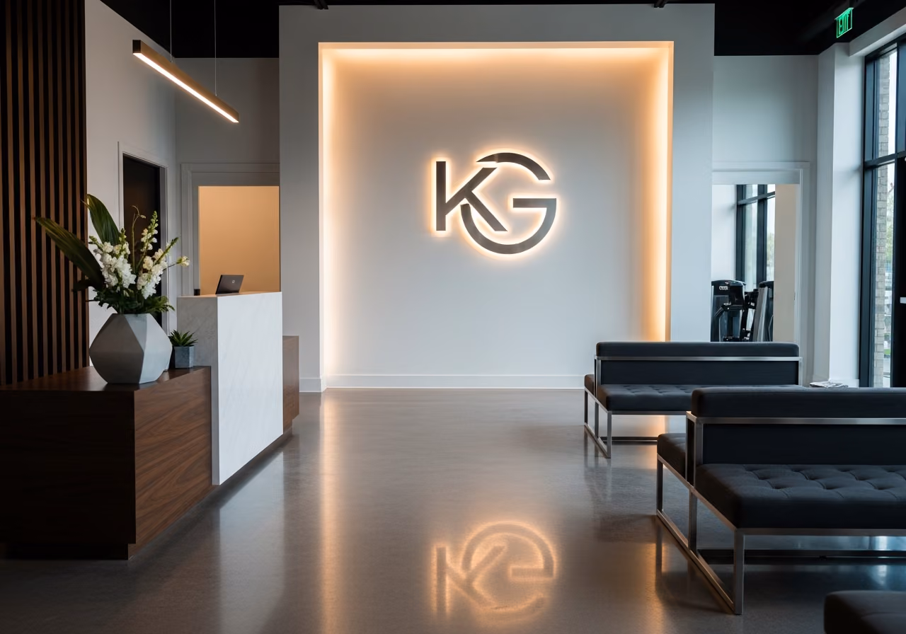 Moderne Boutique-Fitnessstudio-Lobby mit hinterleuchteter Logowand und Schildern aus gebürstetem Stahl, polierter Betonboden.