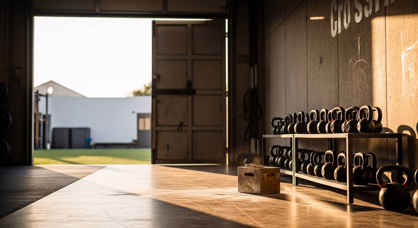 Box de CrossFit industrial con puerta de garaje abierta a un jardín exterior, pesas rusas en su soporte, caja de magnesio en el suelo, luz dorada del atardecer que entra a raudales.