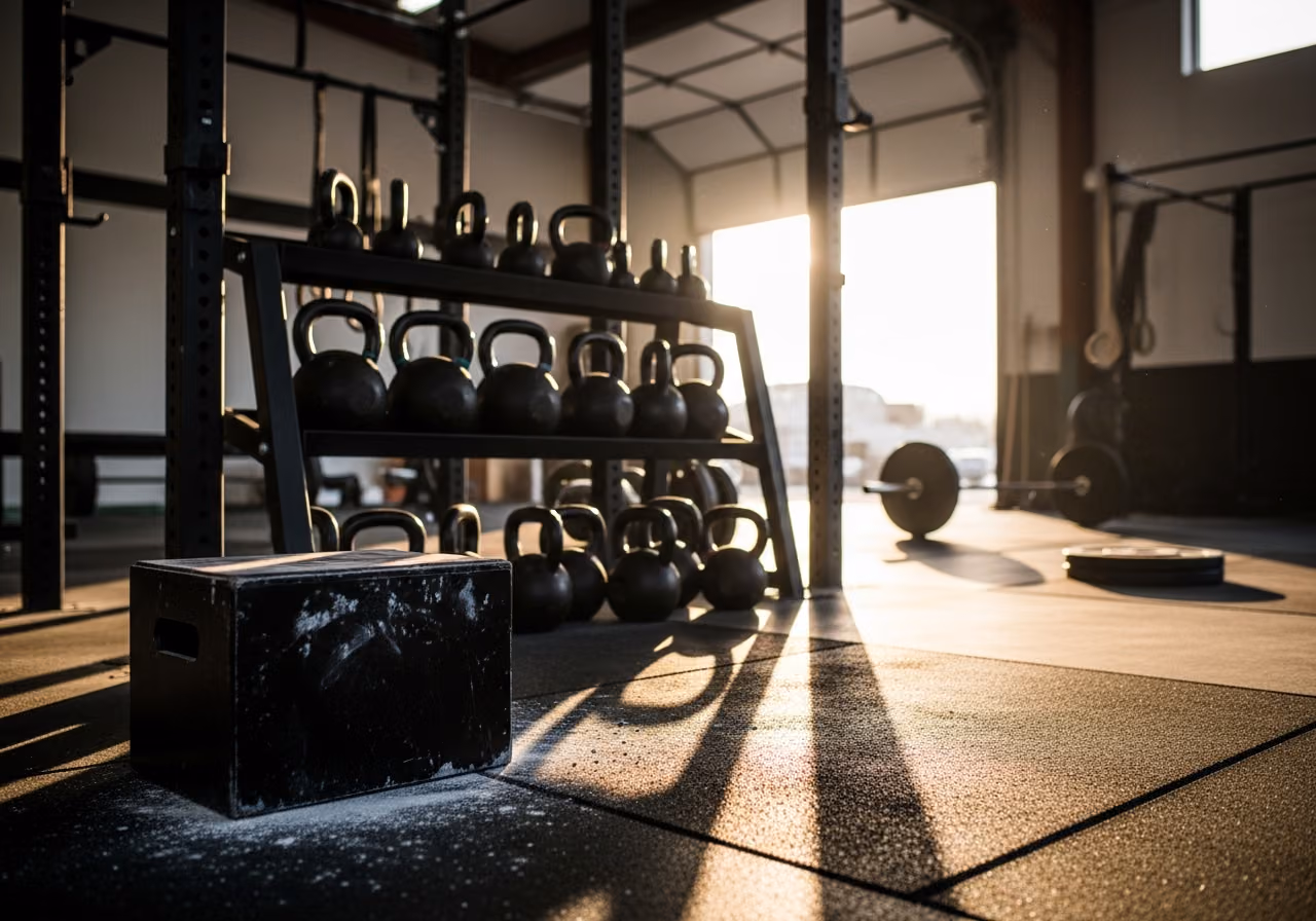 Innenansicht einer CrossFit-Box mit Kettlebells an einem Rack und einer Chalkbox auf dem Boden, Garagentor einen Spalt breit geöffnet für das Morgenlicht.