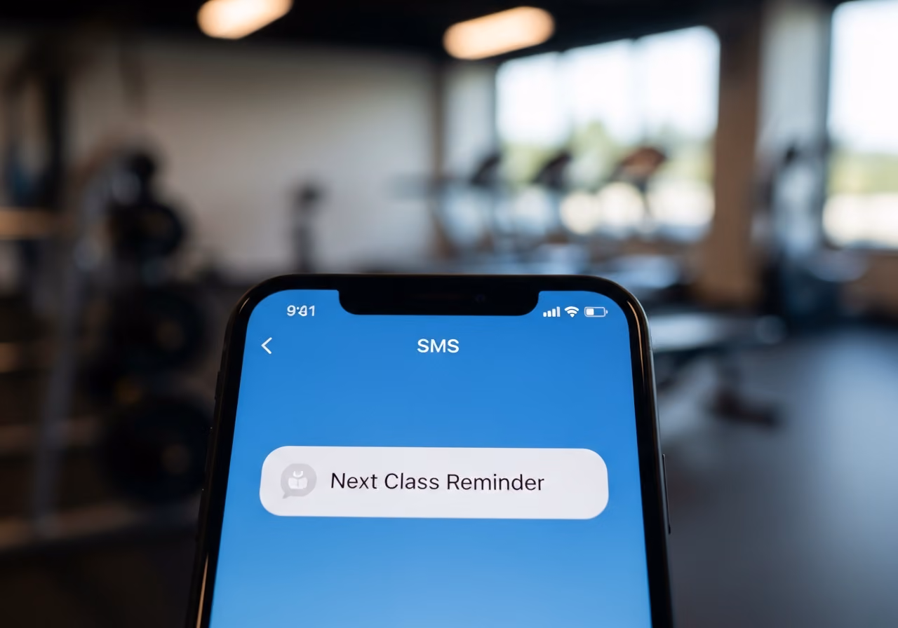 Auf dem Bildschirm des Telefons ist eine einzelne SMS-Benachrichtigung mit dem Hinweis auf die nächste Unterrichtsstunde zu sehen; die Fitnessstudio-Einstellungen sind im Hintergrund verschwommen dargestellt.