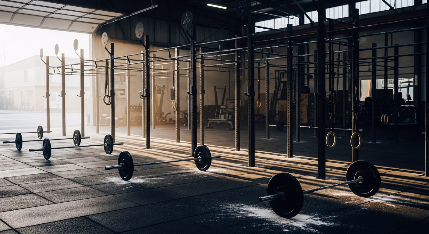 Interior de un gimnasio industrial de CrossFit con suelo de goma, estructuras de entrenamiento y barras, luz matutina que entra por la puerta del garaje, polvo de tiza en el aire.