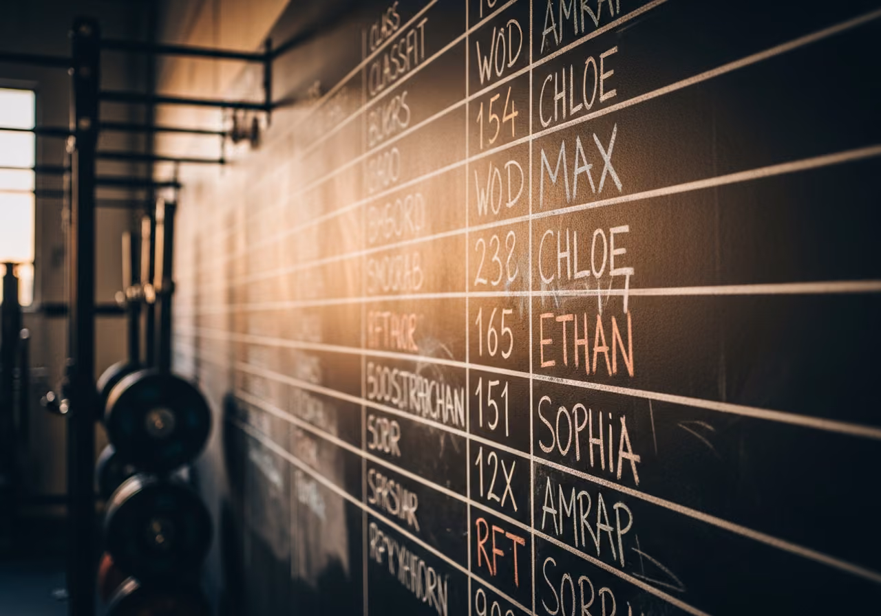 Nahaufnahme einer Tafelwand in einem industriellen CrossFit-Studio mit in Kreide geschriebenen Kursergebnissen, sanftem Seitenlicht und Hanteln auf dem Rack im unscharfen Hintergrund.