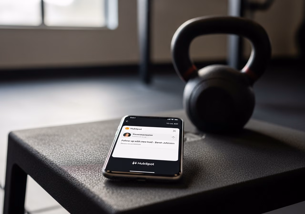 Nahaufnahme des Handys eines Trainers, auf dem eine HubSpot-Aufgabenbenachrichtigung zu sehen ist; es steht auf einer Plyo-Box aus Schaumstoff, dahinter ist eine Kettlebell im Weichzeichner-Bereich zu sehen; Licht aus dem Fenster einer Turnhalle fällt ins Bild.