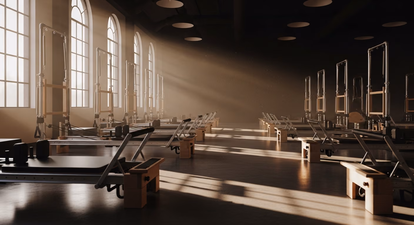 Estudio de pilates boutique con máquinas reformer alineadas, suave luz del sol matutina que entra por los grandes ventanales y suelos de hormigón pulido.