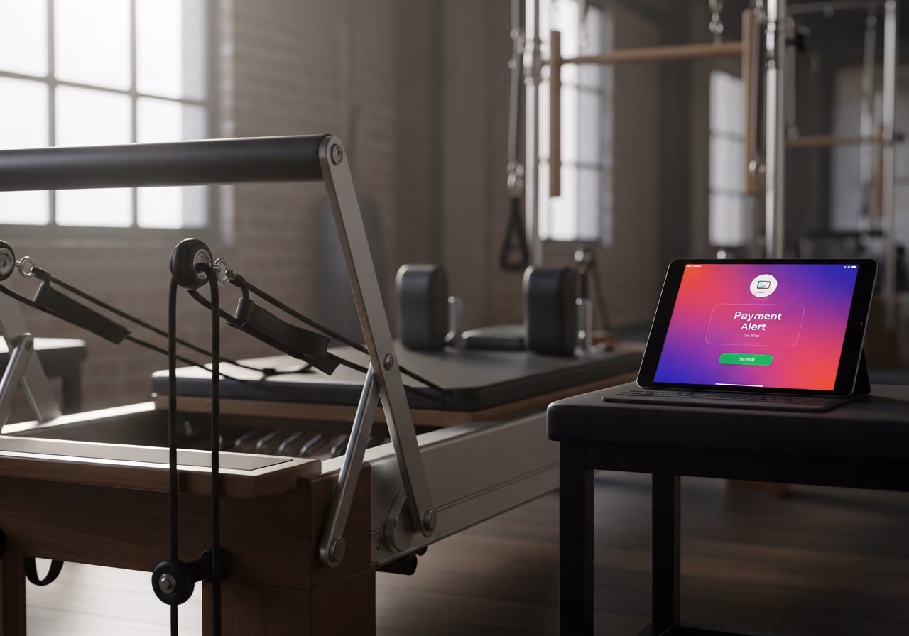 Nahaufnahme eines Pilates-Reformers in einem sanft beleuchteten Studio mit einem Tablet auf einer Holzbank, das eine Zahlungsaufforderung anzeigt, Morgenlicht aus dem Fenster.