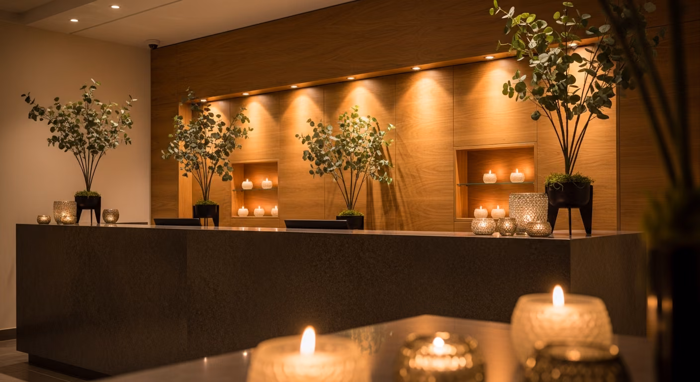 Recepción de spa elegante con mostrador de piedra, iluminación tenue con velas, plantas de eucalipto y paneles de madera cálida.