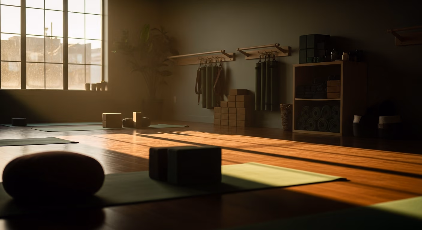 Interior de un estudio de yoga boutique con iluminación tenue al amanecer, suelos de madera noble, accesorios cuidadosamente enrollados, luz ambiental cálida.