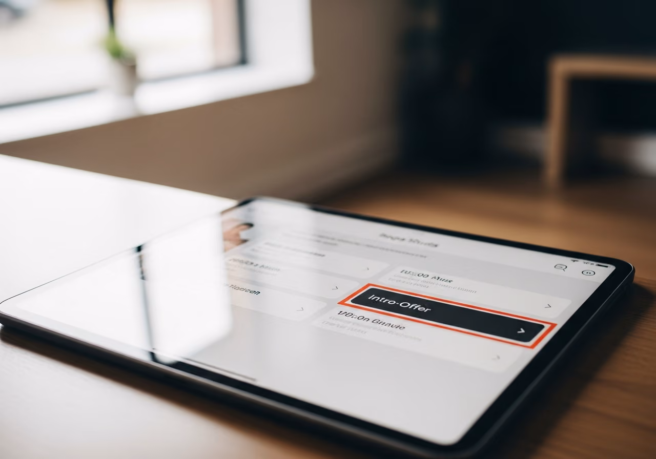 Nahaufnahme eines Tablets am Empfang, auf dem eine Buchungs-App für ein Yogastudio mit einem einzelnen hervorgehobenen Einführungsangebot zu sehen ist; sanftes Fensterlicht ist sichtbar.