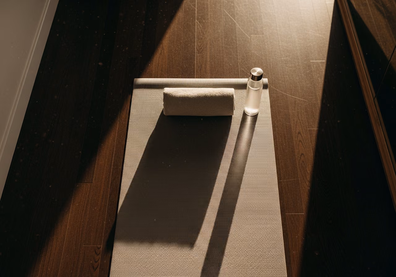 Draufsicht auf eine Yogamatte mit zusammengerolltem Handtuch und Wasserflasche auf einem Hartholzboden, das Licht der goldenen Stunde strömt darüber, ruhige Boutique-Studio-Atmosphäre.