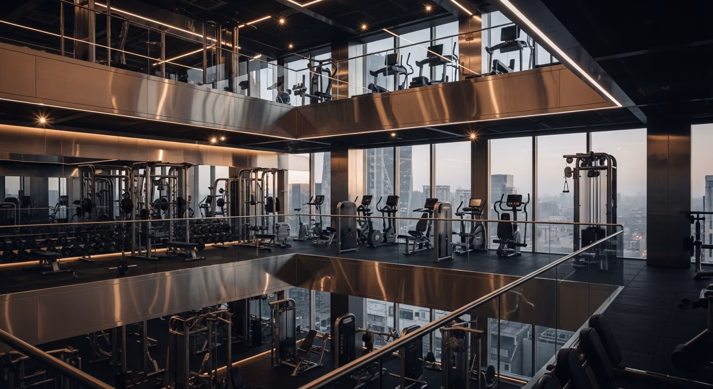 Gimnasio boutique moderno de varios niveles con acabados de acero cepillado, iluminación ambiental cálida, equipos en penumbra y vistas panorámicas de la ciudad a través de las ventanas.