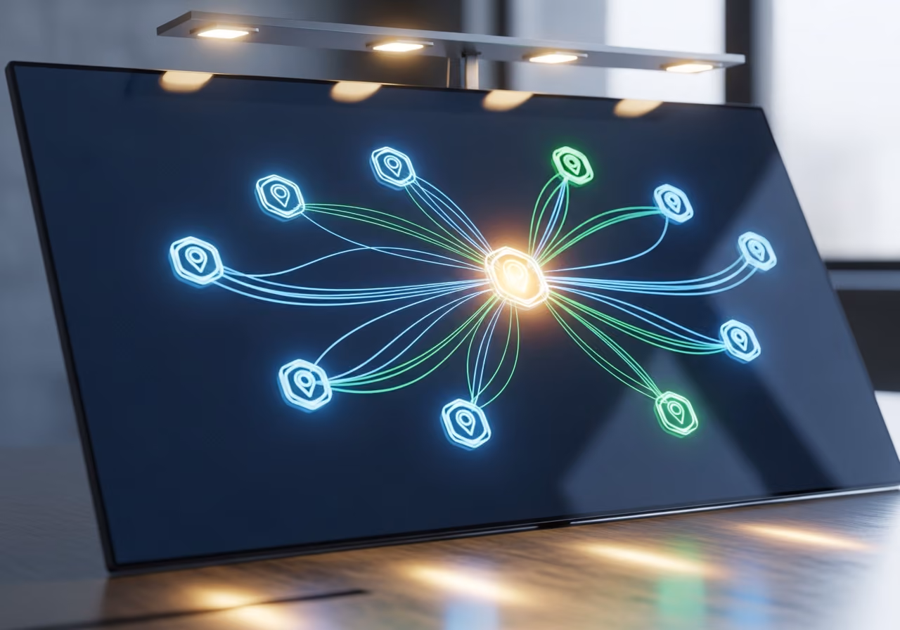 Nahaufnahme einer stilisierten Netzwerkkarte auf einem großen Monitor, die 9 Standortknoten zeigt, die mit einem zentralen Hub verbunden sind; Schreibtisch aus gebürstetem Stahl; sanftes, warmes Scheinwerferlicht.