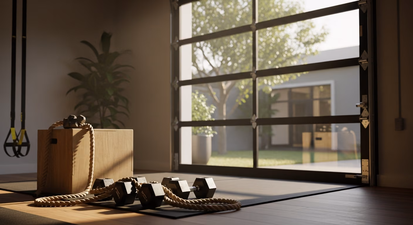 Estudio boutique de entrenamiento personal con mancuernas atadas con cuerda, cajón pliométrico, puerta de garaje de cristal que da a un patio y una suave luz matutina.